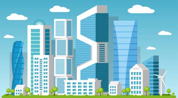 Creative vector illustration of modern city with skyscrapers and wind energy turbines - Vector, Image