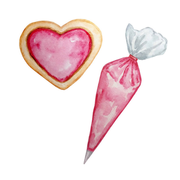 illustrazione ad acquerello di biscotti a forma di cuore con occhi rosa e crema rosa in una cucina ba - Foto, immagini