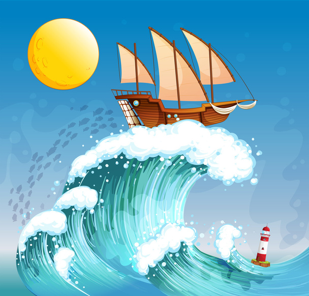 A ship above the giant waves - Vector, Image