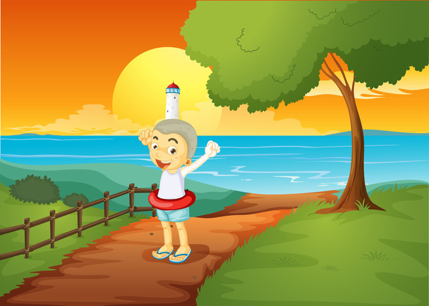 A young boy standing across the lighthouse - Vector, Image