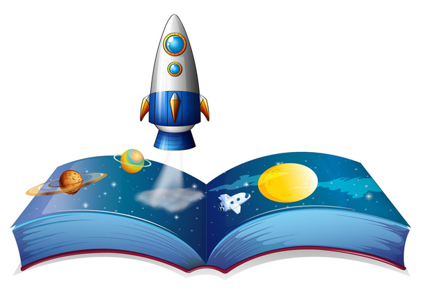 A book showing the planet and airships - Вектор,изображение