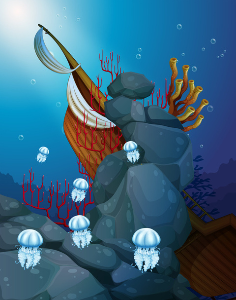 jellyfishes κάτω από τη θάλασσα με πλοίο ναυάγησε - Διάνυσμα, εικόνα
