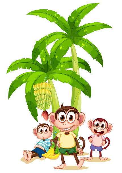 τρεις πίθηκοι κοντά στις εγκαταστάσεις της μπανάνας - Διάνυσμα, εικόνα