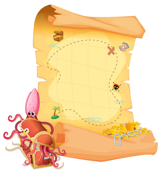 ένα χάρτη θησαυρού και ένα χταπόδι μέσα το κουτί του θησαυρού - Διάνυσμα, εικόνα