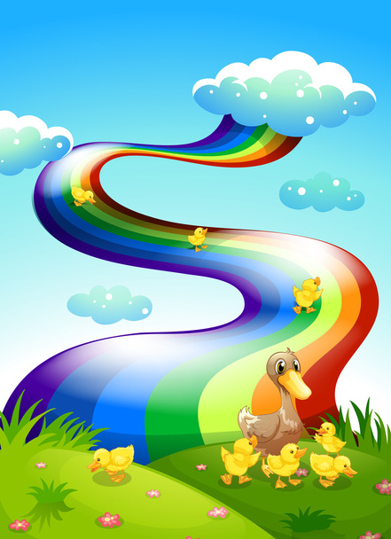 eine Ente und ihre Entchen auf dem Hügel mit einem Regenbogen darüber - Vektor, Bild
