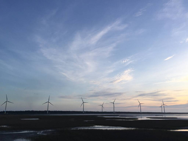 Uma fileira de moinhos de vento em Gaomei Wetlands, Qingshui, Taichung, capturados durante o pôr-do-sol da noite Verão
  - Foto, Imagem