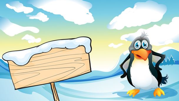 Un pingüino junto al letrero de madera vacío
 - Vector, imagen