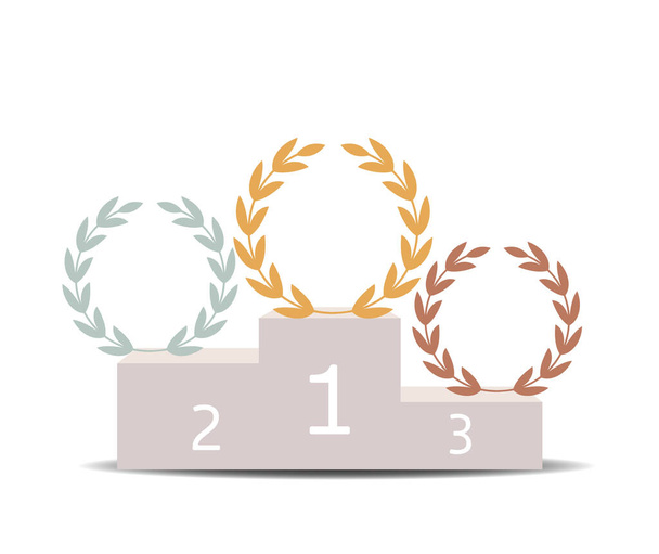 winnaars podium, goud, zilver en brons laurier kransen. vectorillustratie geïsoleerd op witte achtergrond - Vector, afbeelding