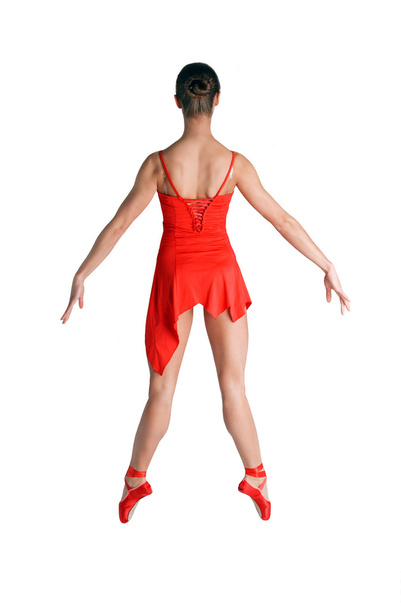 Elegant ballerina in a red dress on white background - Foto, afbeelding