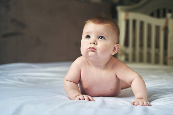 a wonderful six month old baby lies on a large bed on a white sheet and looks up. - Valokuva, kuva