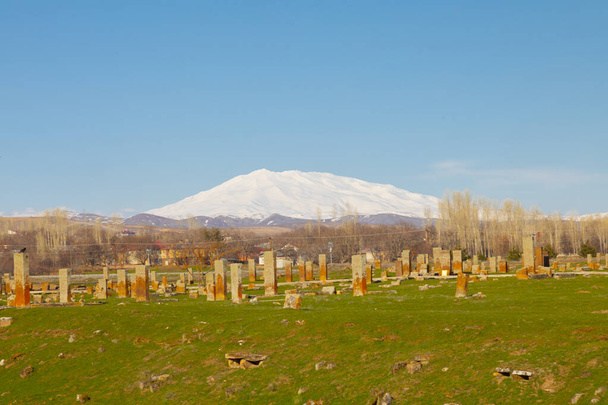 Seljuk Ahlat temetője, a középkori iszlám nevezetességek sírkövei. - Fotó, kép