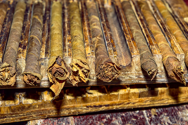 traditionele handgemaakte sigaren in opslag pers - Foto, afbeelding