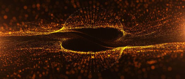 Schöne Goldene Teilchen Welle und Licht abstrakten Hintergrund mit leuchtenden Teilchen Boden Sterne Staubflamme. Futuristisch glitzerndes Luxus-Funkeln - Foto, Bild