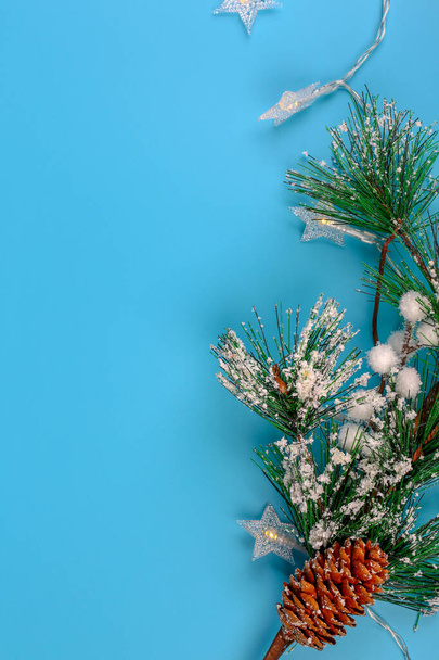 Christmas background. New Year's lights. Spruce branch. Cone. Snow. Top view. Close-up. - Fotó, kép