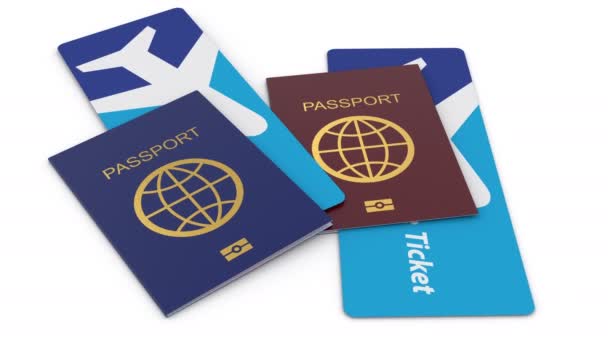 Billets d'avion entre les pages des passeports internationaux pour les voyages en avion - Séquence, vidéo