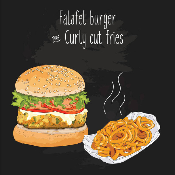 Handgezeichneter bunter Falafel-Burger und lockig geschnittene Pommes - Vektor, Bild