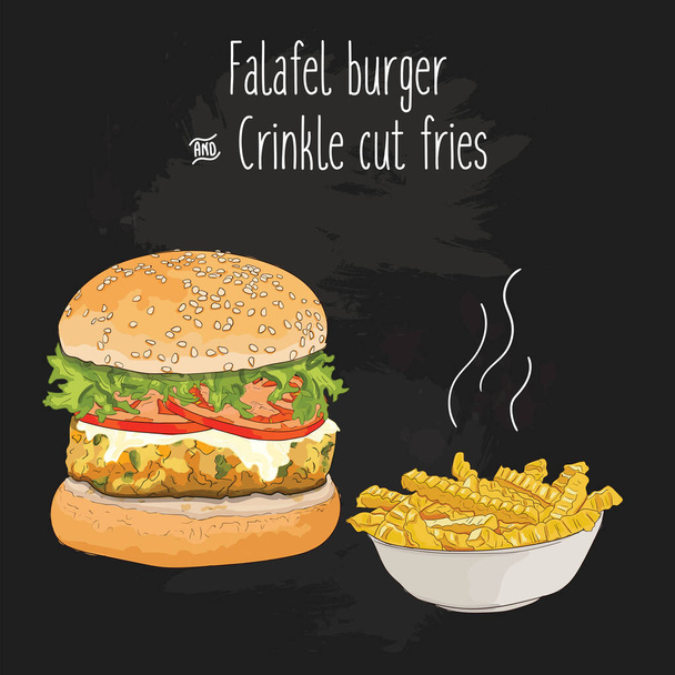Handgezeichneter bunter Falafel-Burger und Crinkle Cut Pommes - Vektor, Bild