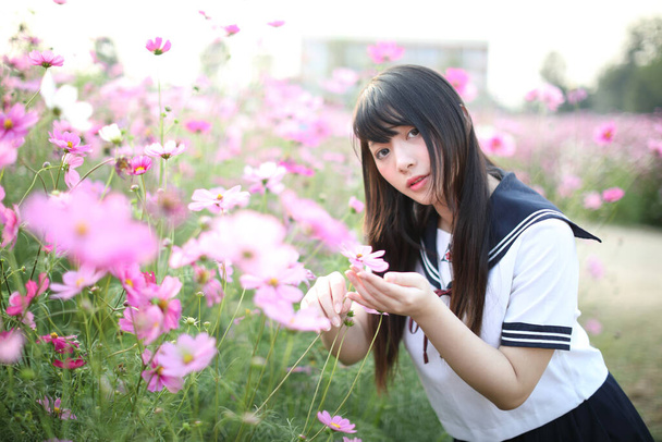 Retrato de uniforme de niña de escuela japonesa con flor de cosmos rosa  - Foto, imagen