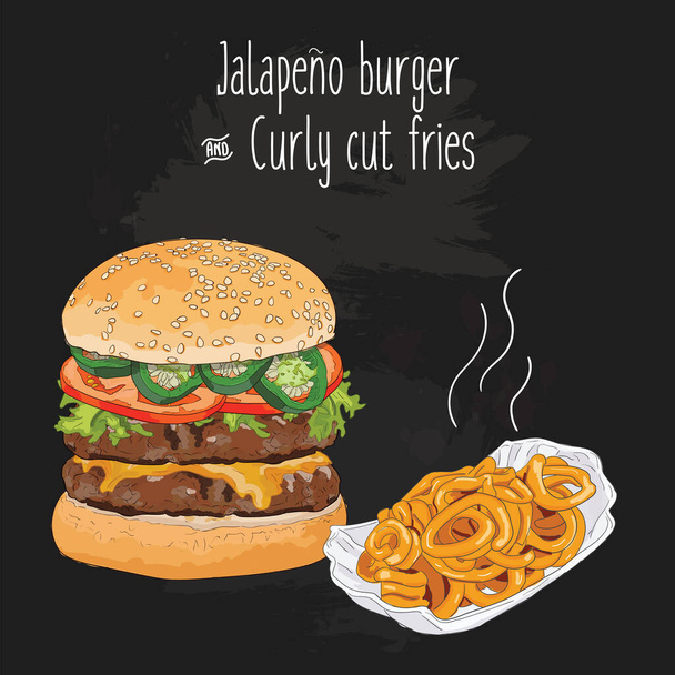 Burger jalapeno coloré dessiné à la main et frites frisées - Vecteur, image