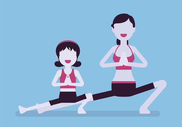 Yoga familial, mère et fille yogi heureux pratiquant - Vecteur, image