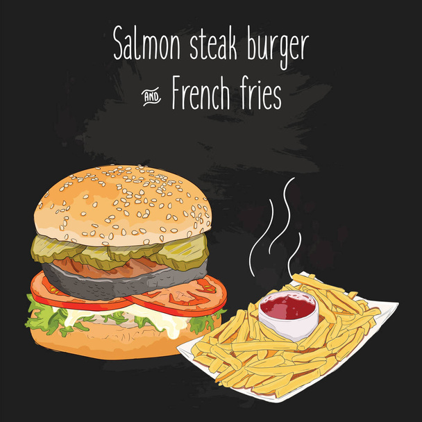Handgezeichneter bunter Lachssteak-Burger und Pommes mit Ketchup - Vektor, Bild