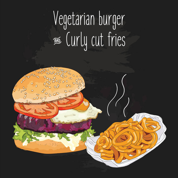 Handgezeichnete bunte vegetarische Burger und lockig geschnittene Pommes - Vektor, Bild