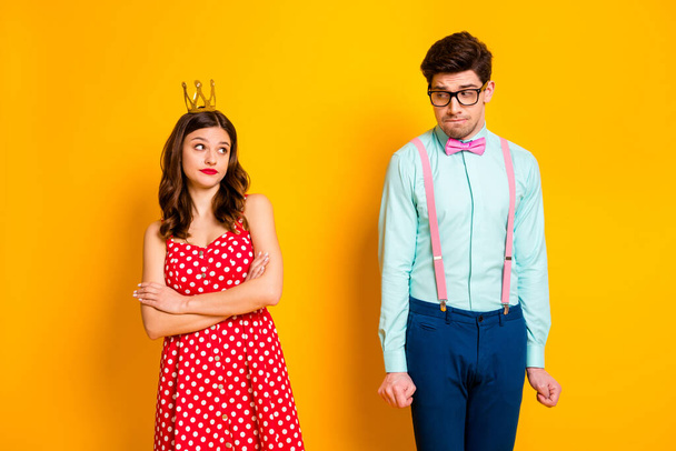 I dont want dance him. Two people selfish ego girl royal prom party queen cross hands look shy geek stylish guy wear crown red dotted dress suspenders shirt isolated bright color background - Fotografie, Obrázek