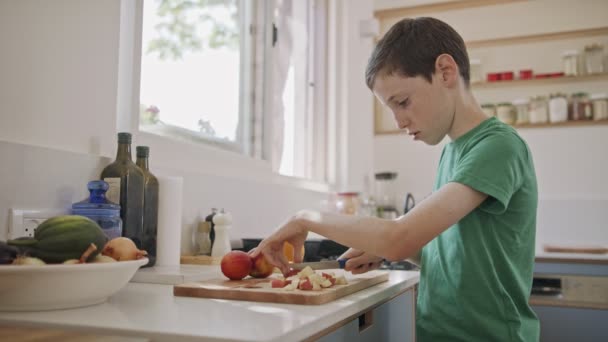Giovane ragazzo che lavora in cucina affettando frutta a colazione - Filmati, video