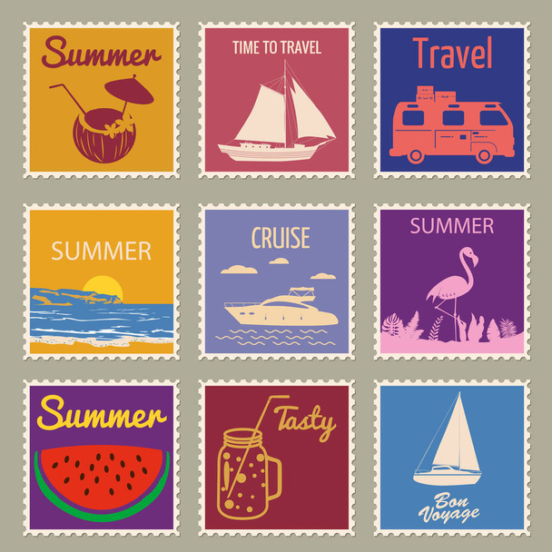 Set sellos postales vacaciones de verano Sunset Watermelon Jar Yacht Van Velero Flamingo. Diseño retro vintage vector ilustración aislado
 - Vector, Imagen