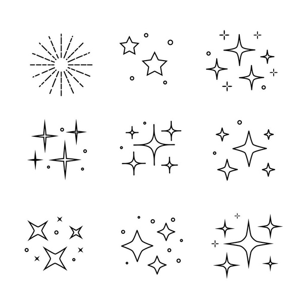 Musta kimaltelee symboleja vektori. Aseta vektori tähdet kimallus kuvake. Kirkas ilotulitus, koristelu tuiki, kiiltävä salama, hehkuva - Vektori, kuva