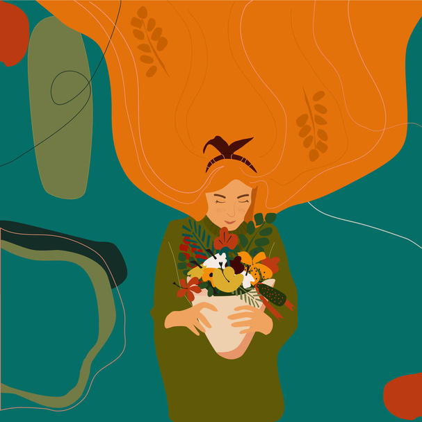 Girl with orange hair holds an autumn bouquet in hands.Crimson leaves, golden dahlias.Cute Autumn trendy hand drawn vector illustration.Woman in a warm knitted sweater.Goodbye summer. Web template - Vecteur, image