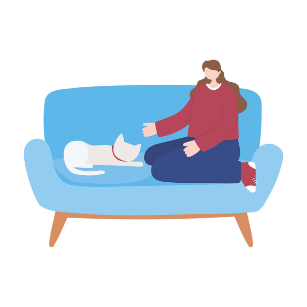 Μείνετε στο σπίτι, κορίτσι με γάτα κάθεται σε καναπέ, αυτο-απομόνωση, δραστηριότητες σε καραντίνα για coronavirus - Διάνυσμα, εικόνα
