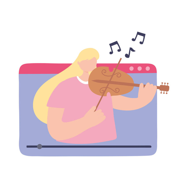 quedarse en casa, chica jugando violín en el sitio web de vídeo, auto aislamiento, actividades en cuarentena por coronavirus
 - Vector, imagen