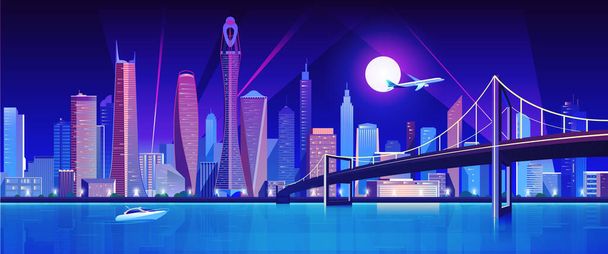 City bridge over water bay at night vector illustration. Cartoon flat modern bridge to downtown futuristic neon metropolis, downtown cityscape waterfront buildings, tower skyscrapers landscape view. - Vetor, Imagem