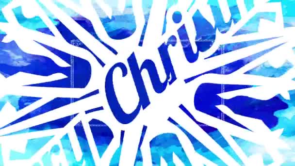 Linear Bounce and Spin Animation Of Merry Christmas Written On Top Of White Thick Outlined Snowflake Over Blue Watercolor Splashes On Background - Кадры, видео
