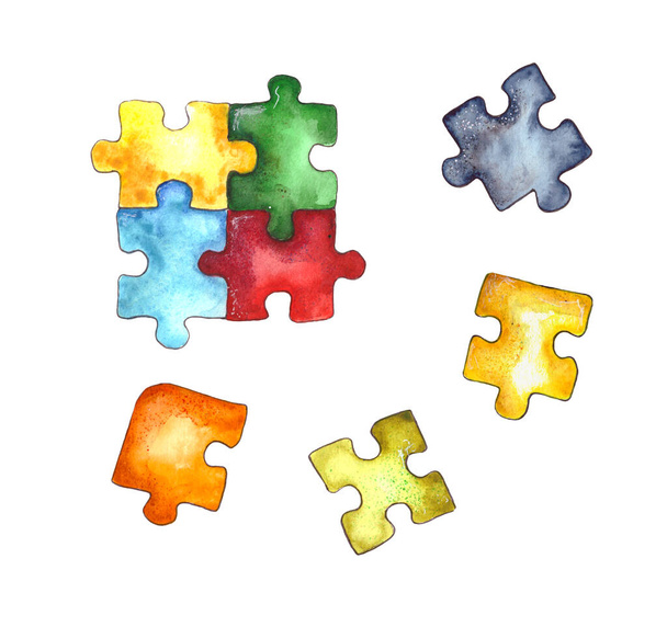 Aquarel illustratie.kinderpuzzel papier puzzel, kleurrijke puzzelstukjes. Geïsoleerd op een witte achtergrond. - Foto, afbeelding