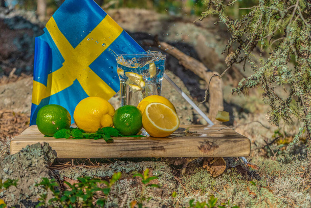 Летние закуски. Стакан воды, лимоны, лаймы и мята на фоне скандинавской природы и шведского флага. Различные комбинации капель воды. Швеция
 - Фото, изображение