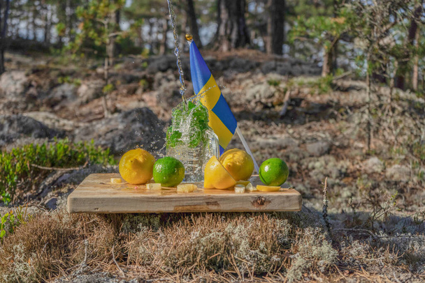 Letní občerstvení. Sklenice vody, citrónů, limetek a máta na pozadí skandinávské přírody a švédské vlajky. Různé kombinace kapek vody. Švédsko - Fotografie, Obrázek