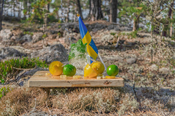 Θερινά αναψυκτικά. Ένα ποτήρι νερό, λεμόνια, λάιμ και μέντα στο φόντο της σκανδιναβικής φύσης και της σουηδικής σημαίας. Διαφορετικοί συνδυασμοί σταγόνων νερού. Σουηδία - Φωτογραφία, εικόνα