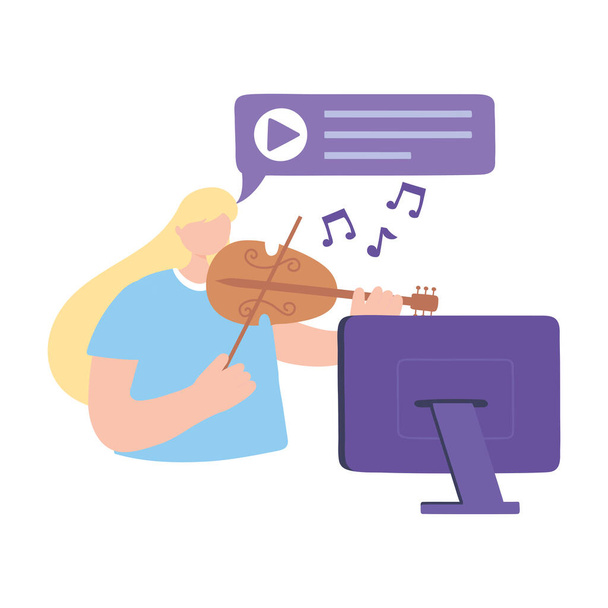 остаться дома, девушка играет скрипка концерт онлайн ноутбук, самоизоляция, деятельность в карантине для коронавируса
 - Вектор,изображение