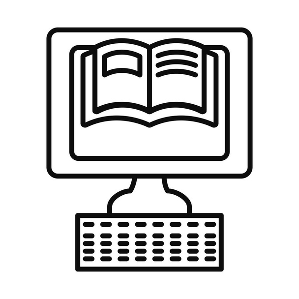 concepto de educación en línea, ordenador con icono de libro en la pantalla, estilo de línea
 - Vector, Imagen