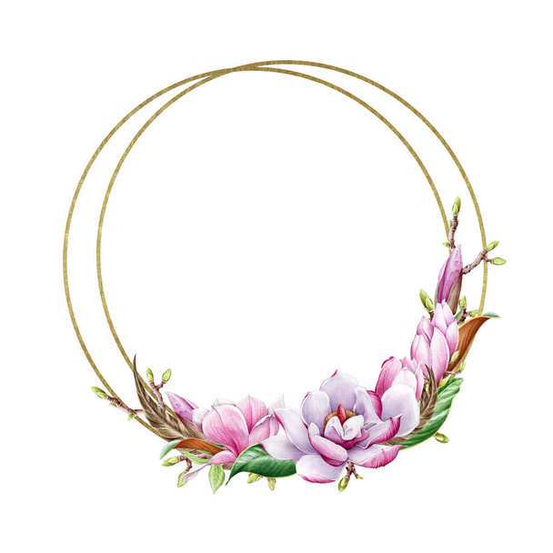 Magnolia rózsaszín virág elrendezése arany kerek, tollak és levelek akvarell illusztráció. Kézzel húzott meghívókártya elem teljes virágú magnólia virág fehér háttér. - Fotó, kép