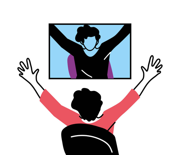 Homem acenando menino na tela em vídeo chat vetor design
 - Vetor, Imagem