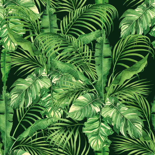 Akvarel malba kokos, banán, palmový list, zelená dovolená bezešvé vzor pozadí.Akvarel ručně kreslené ilustrace tropické exotické listy tisky pro tapety, textil Havaj aloha styl džungle. - Fotografie, Obrázek