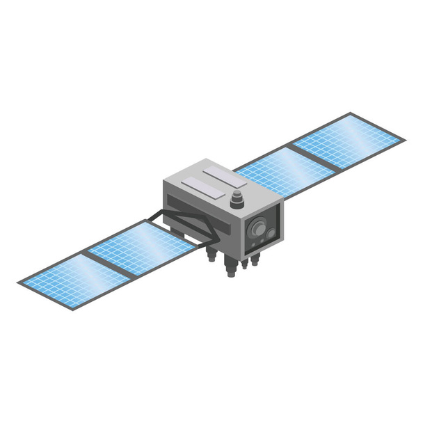 Satelitní umělá komunikace bezdrátová technologie GPS. Kosmická loď se solárními panely a anténní deskou. Izolovaná vektorová ilustrace - Vektor, obrázek