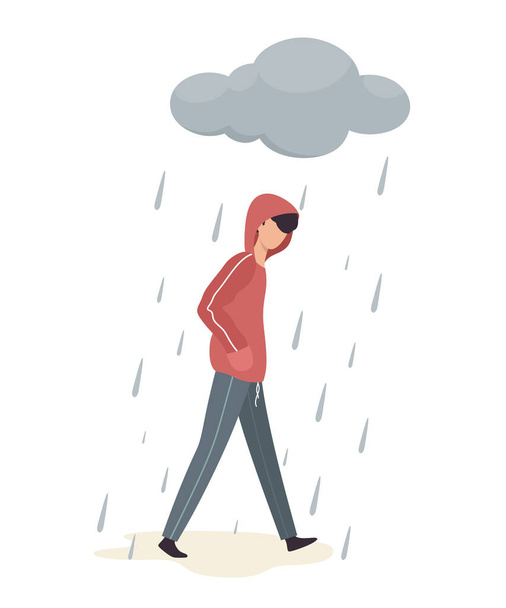 Un giovane va sotto una nuvola di pioggia, depressione e fallimento, tristezza, sconvolto. Illustrazione vettoriale in stile piatto del fumetto. - Vettoriali, immagini