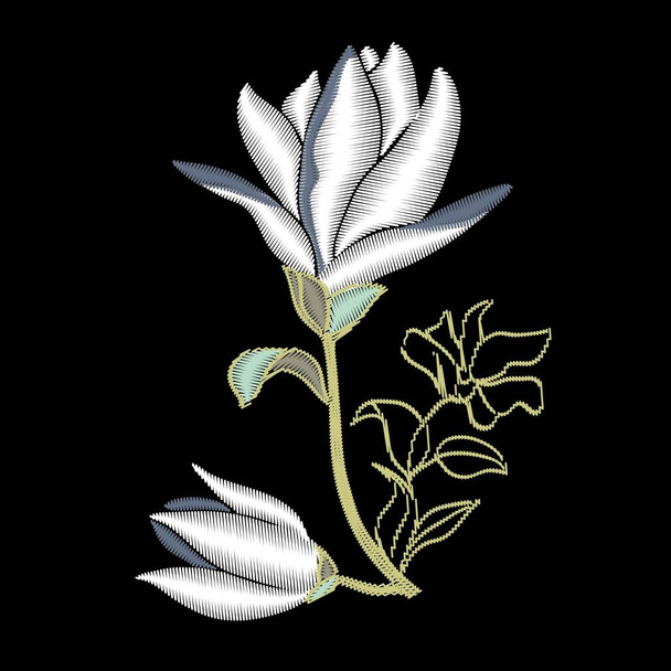 Embroidery floral with magnolia on black background. Vector fashion ornament - Vector, Image