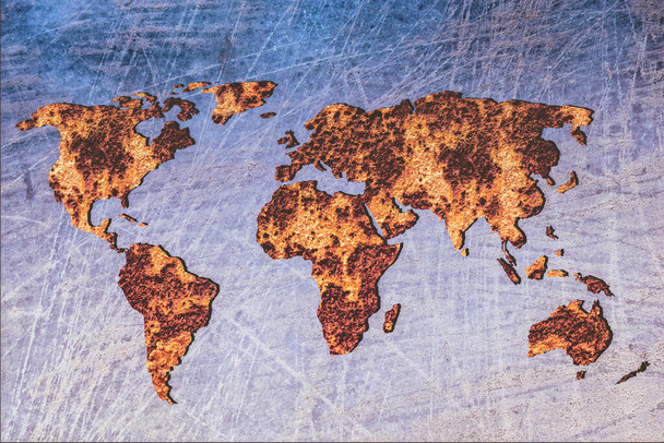 Grob umrissene Weltkarte mit Metallfüllung auf grauem Hintergrund - Foto, Bild
