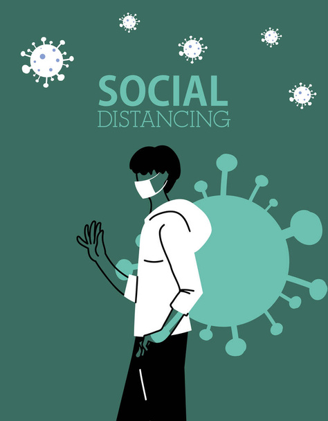 Soziale Distanzierung und der Mensch mit Maskenvektordesign - Vektor, Bild
