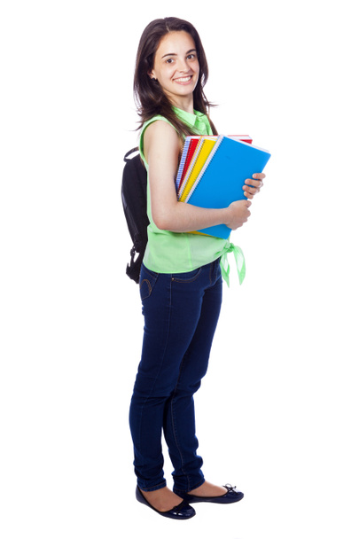 Full body portrait of a female student carring notebooks - Foto, Imagem
